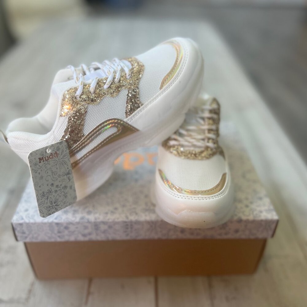 Mudd Girl Knit Lace-up Girls Kids Sneaker White/Gold NEW NIB
